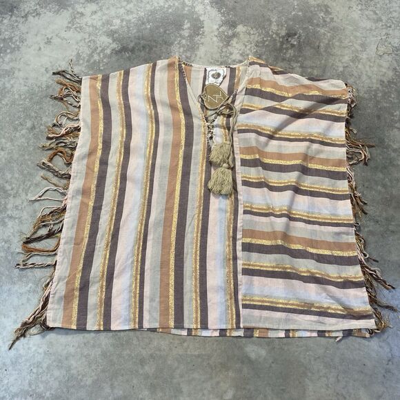 Z L Kaftan Dress Large Boho Striped Brown Multi Tie Neck Tassel Fringe Beach - Picture 1 of 9